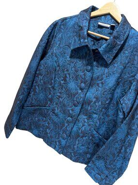 Croft & Barrow Womens Blue Floral Brocade Button-Up Jacket XL Elegant Design